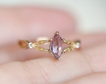 Marquise Cut Amethyst Leaf Engagement Ring, Olive Leaf Band Ring, Leaf Diamond Birthstone Ring, Leaf Wrap Ring, Leaf And Vine Promise Rings