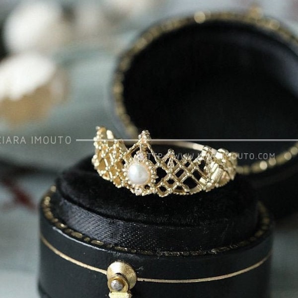 10K Gold Crown Pearl Engagement Ring, Crown Diamond Ring, Crown Ring Gold, Rose Gold Crown Ring, Princess Crown Ring, Crown Promise Rings