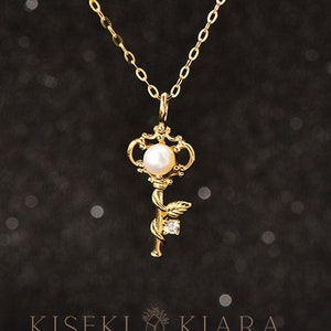 14K Solid Gold Vintage Key Pendant Necklace, Antique Pearl Key Olive Leaf Vine Pendant, Leaves Branch Necklace, Key Charm Small Necklace