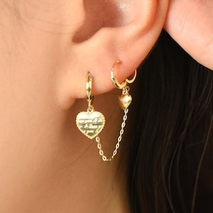 10k Solid Gold Love Twin Hoop Conch Earring, Heart Shape Double Hoop Huggie Earrings, Two Helix Piercing Hoops, Cartilage Dangle Earring