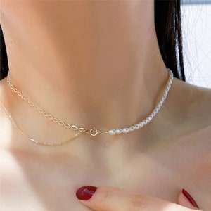 14k Half Strand Pearl Gold Chain Choker, Mini Freshwater Pearl Drop Layer Necklace, Real Pearls Dangle Necklace, Multiple 2 Necklaces In One