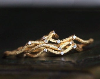 18K Solid Yellow Gold Ocean Wave Ring, Genuine Diamond Ring, Sandblast Craft Textured Ring, Wavy Wedding Band, Handcrafted Ring, Custom Ring