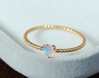 18 Karat Gold Natural Australian Fire Opal Ring, Heart Opal Ring, Opal Promise Ring, White Fire Opal Ring, Simple Braided Twist Wedding Band