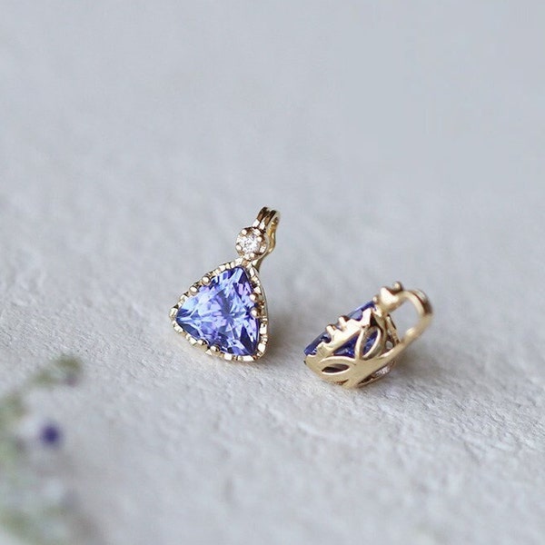 10K Gold Triangle Tanzanite Diamond Pendant, Brilliant Cut Diamond Necklace, Blue Tanzanite Gemstone Necklace, Dainty Diamond Necklace