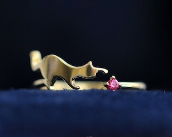 14K Solid Gold Cute Kitty Birthstone Ring, Custom Gemstone Cat Ring, Cats Playing Yarn Ball, Cat Stuff for Cats Lover, Unique Cat Jewelry