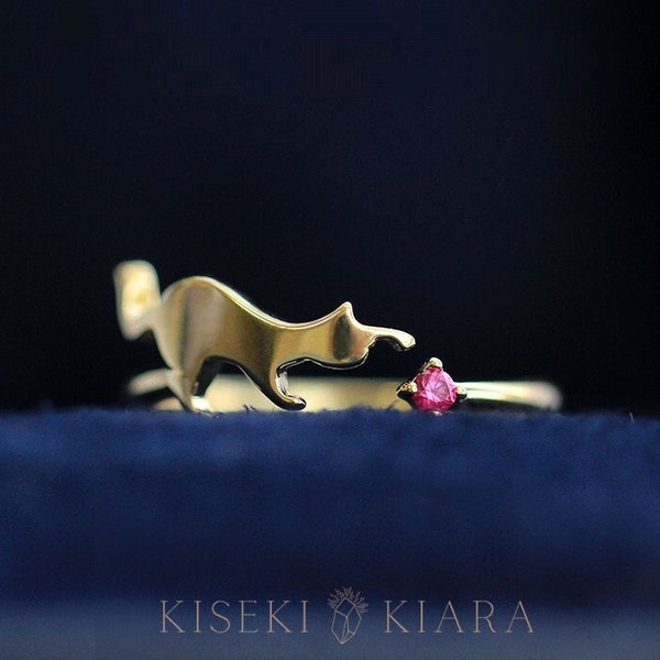 14K Solid Gold Cute Kitty Birthstone Ring, Custom Gemstone Cat Ring, Cats Playing Yarn Ball, Cat Stuff for Cats Lover, Unique Cat Jewelry