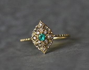 14k Solid Gold Vintage Emerald Ring, Real Gold Victorian Emerald Ring, Art Deco Birthstone Rings, Custom 9K/14K/18K Natural Gemstone Rings