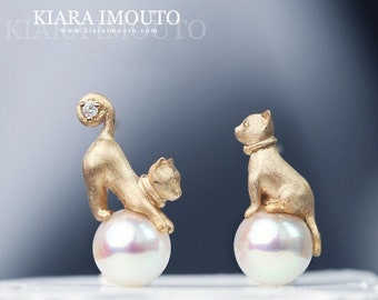 Cat Stuff For Cat Lovers: Naughty Cute Cat Earrings, Japanese Akoya Seawater Pearls, 18k Yellow Gold Genuine Diamond 0.05 Carats