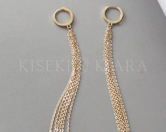 10k Solid Gold Edgy Long Chain Hoop Earrings, Modern Long Dangle Earrings, Threader Wedding Earrings, Urban Chic Chain Drop Earrings