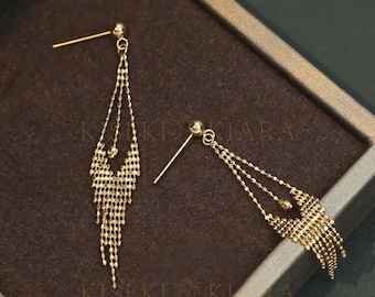 18k Solid Gold Luxury Gold Dangle Earrings, Elegant Tassel Drop Earrings, Sophisticated Long Gold Earrings, Classic Real Gold Earrings