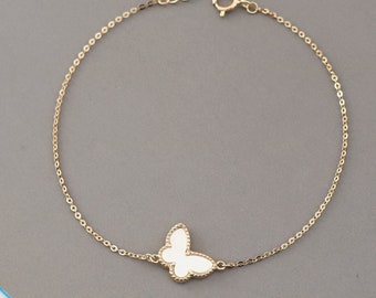 14k Solid Gold Mother of Pearl White Butterfly Bracelet, Butterfly Charm Bracelet For Women, Petite Stackable Bracelet, Minimalist Bracelet