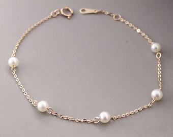 14k Solid Gold Freshwater Pearl Bracelet, Elegant Pearl Bracelet For Women, Dainty Pearl Bracelet Layering, Natural Pearl Bracelet Stacking