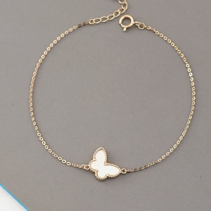 14k Solid Gold Mother of Pearl White Butterfly Bracelet, Butterfly Charm Bracelet For Women, Petite Stackable Bracelet, Minimalist Bracelet image 1