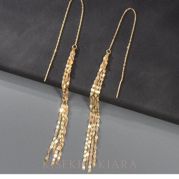 10k Solid Gold Threader Wedding Earrings, Long Ear Threader Chain Earrings, Sparkling Tassel Drop Earrings, Glitter Fringe Bridal Earrings