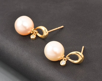 10k Solid Gold Diamond Drop Pearl Everyday Earrings, Cute Dainty Bridal Earrings, Trendy Fashion Earrings, Minimalist Handmade Earrings