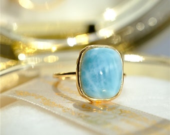 18k Solid Gold Rectangle Oval Larimar Statement Ring, Large Larimar Ring, Natural Larimar Jewelry, Healing Stone, Geometric Cocktail Rings