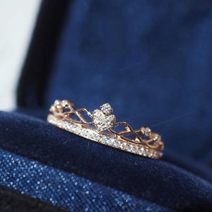 14K Gold Princess Tiara Ring, Princess Crown Ring, Japanese Cute Engagement Rings, Princess Diamond Ring, Princess Promise Rings Rose Gold
