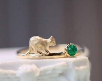 Cat Stuff For Cat Lovers: Naughty Cute 3D Cat Ring, Natural Emerald Cabochon Engagement Ring, Custom Gifts For Cat Owners, Cute Promise Ring