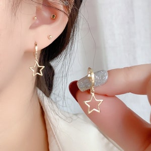 10k Solid Gold Stellar Star Drop Hoop Earrings Hypoallergenic Celestial Gift Shining and Playful Design Eye-catching Statement Piece image 4