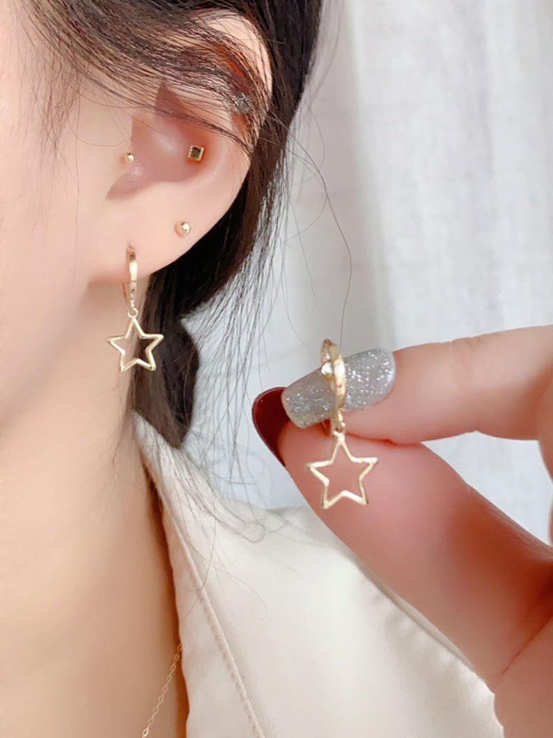 10k Solid Gold Stellar Star Drop Hoop Earrings Hypoallergenic Celestial Gift Shining and Playful Design Eye-catching Statement Piece image 4