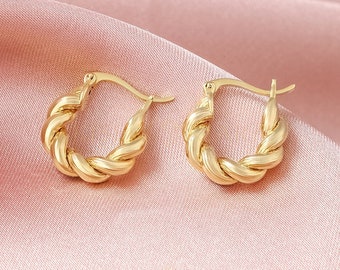 18k Solid Gold Croissant Hoop Earrings, Twisted Hoop Earrings, Chic Spiral Hoops, Retro Hoop Earrings, Vintage Earrings, Classic Earrings