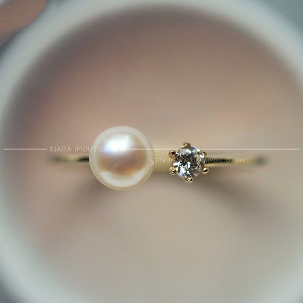 10K Solid Gold Real Diamond Pearl Ring, 0.05 Carats Diamond Ring, Elegant Open Ring Wedding Ring, Delicate Ring, Wedding Band, Gift for Her