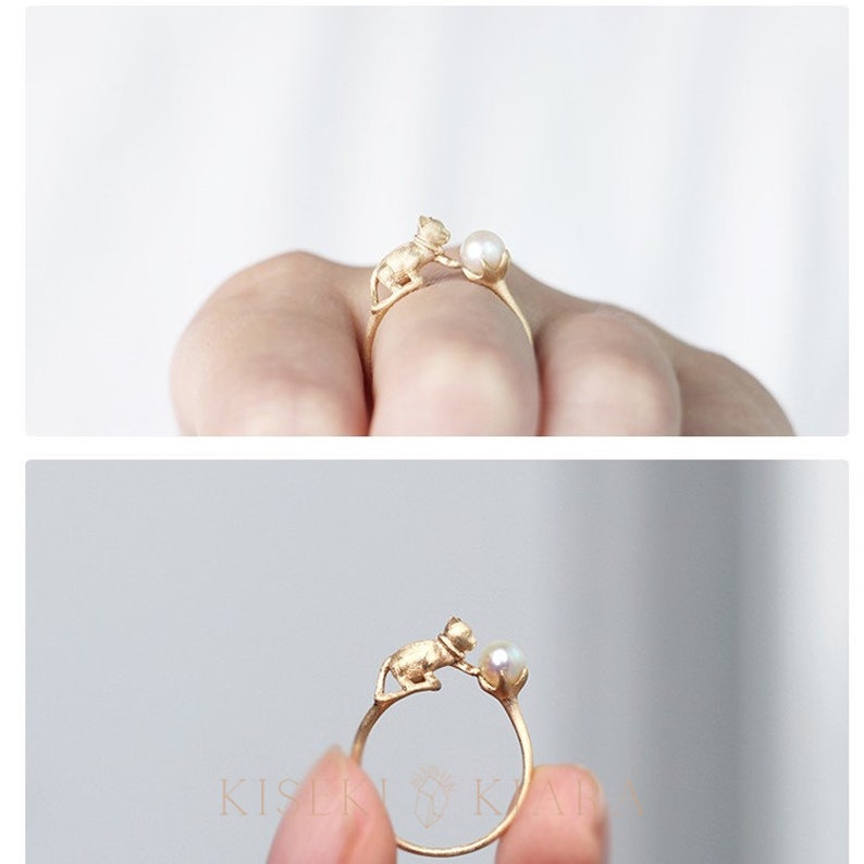 Cat Stuff For Cat Lovers: Naughty Cute 3D Cat Ring, Japanese Akoya Seawater Pearls, 18k Yellow Gold, Gifts For Cat Owners, Cute Promise Ring image 5