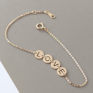 14k Solid Gold LOVE Disc Charm Bracelets, Love Themed Bracelets Stacking, Love Symbol Bracelets, Sentimental Jewelry, Romantic Gifts For Her image 1