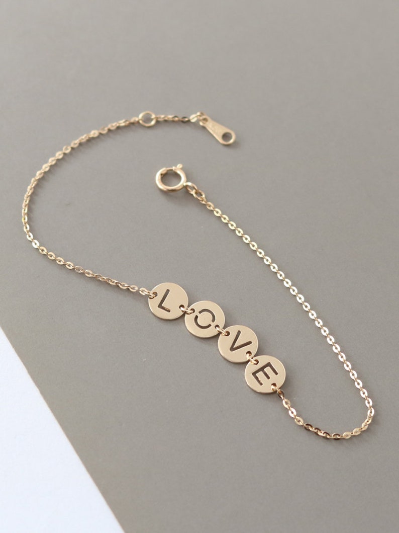 14k Solid Gold LOVE Disc Charm Bracelets, Love Themed Bracelets Stacking, Love Symbol Bracelets, Sentimental Jewelry, Romantic Gifts For Her image 1