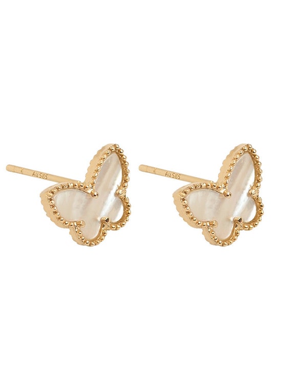 14k Solid Gold Mother of Pearl White Butterfly Earrings Carnelian Red Butterfly Van Earrings for Women Elegant Cleef Handcrafted Earrings Etsy