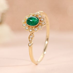 Vintage Cabochon Emerald Rings, Art Deco Emerald Gemstone Ring, Genuine ...