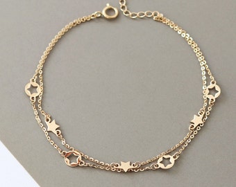 14k Solid Gold Celestial Stars Double Strang Armbänder, zierliche zwei Kette geschichtete Armbänder, zartes Armband Stapeln, ihr romantisches Geschenk