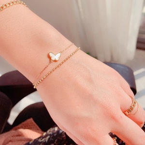 14k Solid Gold Mother of Pearl White Butterfly Bracelet, Butterfly Charm Bracelet For Women, Petite Stackable Bracelet, Minimalist Bracelet image 2