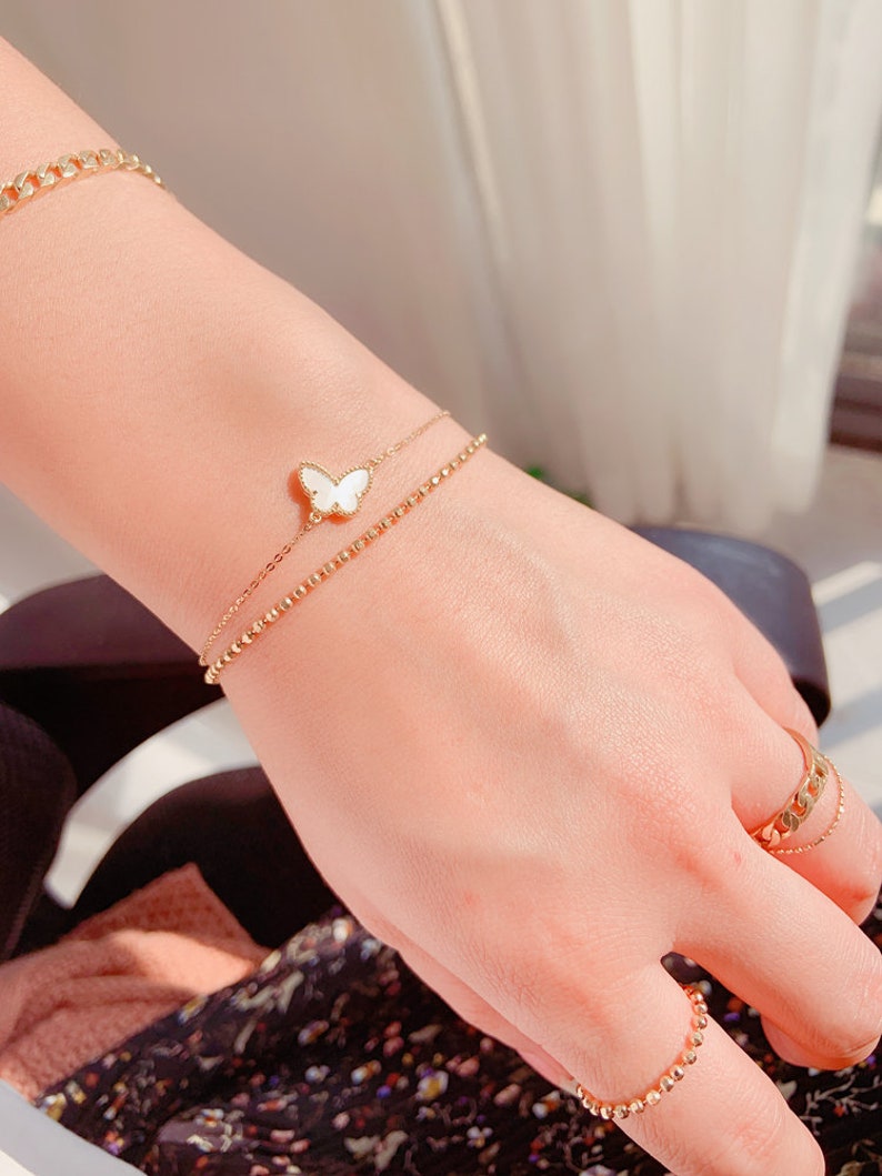 14k Solid Gold Mother of Pearl White Butterfly Bracelet, Butterfly Charm Bracelet For Women, Petite Stackable Bracelet, Minimalist Bracelet image 2