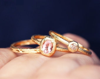 18k Solid Gold Pink Morganite Gemstone Ring, Rare Pink Morganite Ring, Simple Sand Texture Gold Ring, Minimalist Stacking Ring