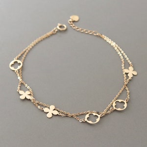 14k Solid Gold Four Leaf Clover Bracelet Style, Double Layered Chain Bracelets, Dainty Floral Bracelet Designs, Flower Bracelet Accessories