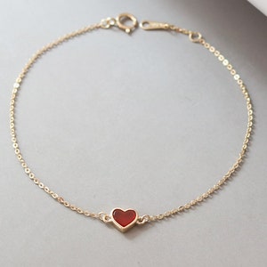 14k Solid Gold Red Heart Bracelet Anniversary Gifts, Fine Bracelets Stacking, Layered Minimalist Bracelets, Stackable Sentimental Jewelry