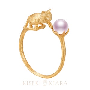 Cat Stuff For Cat Lovers: Naughty Cute 3D Cat Ring, Japanese Akoya Seawater Pearls, 18k Yellow Gold, Gifts For Cat Owners, Cute Promise Ring image 9