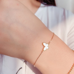 14k Solid Gold Mother of Pearl White Butterfly Bracelet, Butterfly Charm Bracelet For Women, Petite Stackable Bracelet, Minimalist Bracelet image 3