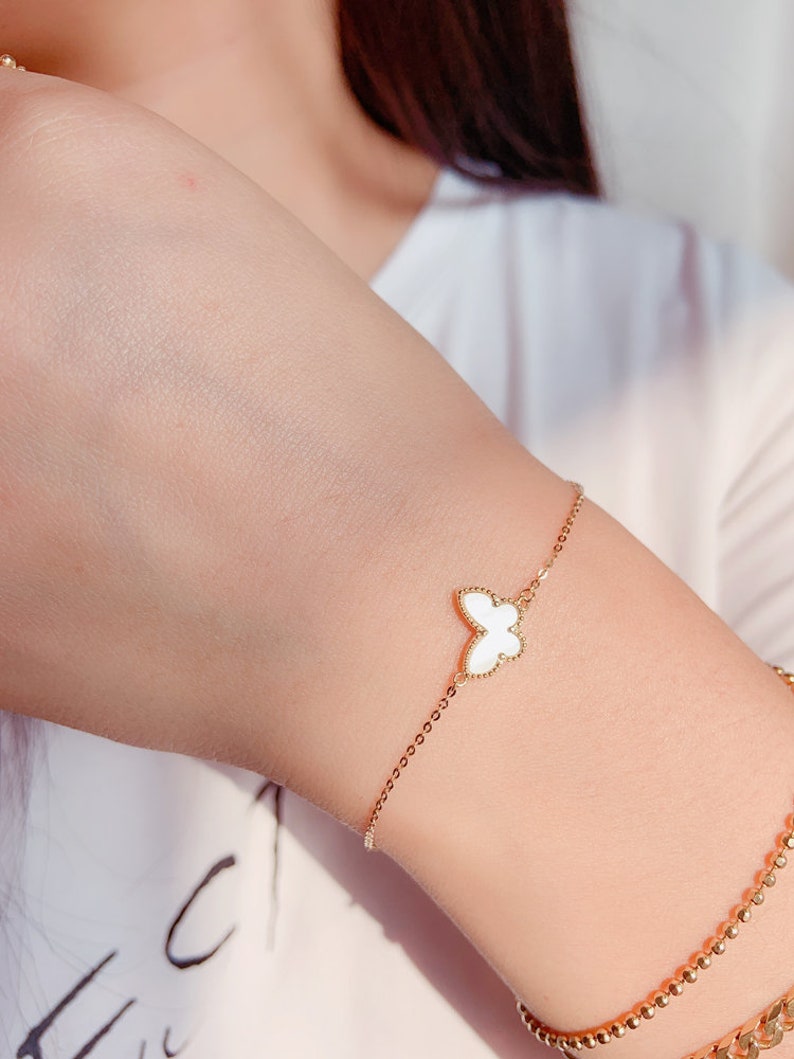 14k Solid Gold Mother of Pearl White Butterfly Bracelet, Butterfly Charm Bracelet For Women, Petite Stackable Bracelet, Minimalist Bracelet image 3