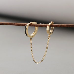 10k Solid Gold Double Hoop Connector Huggies, Dangle Chain Earrings, Two Hoop Tassel Earrings, Cartilage Connecting Linked Chains Earrings