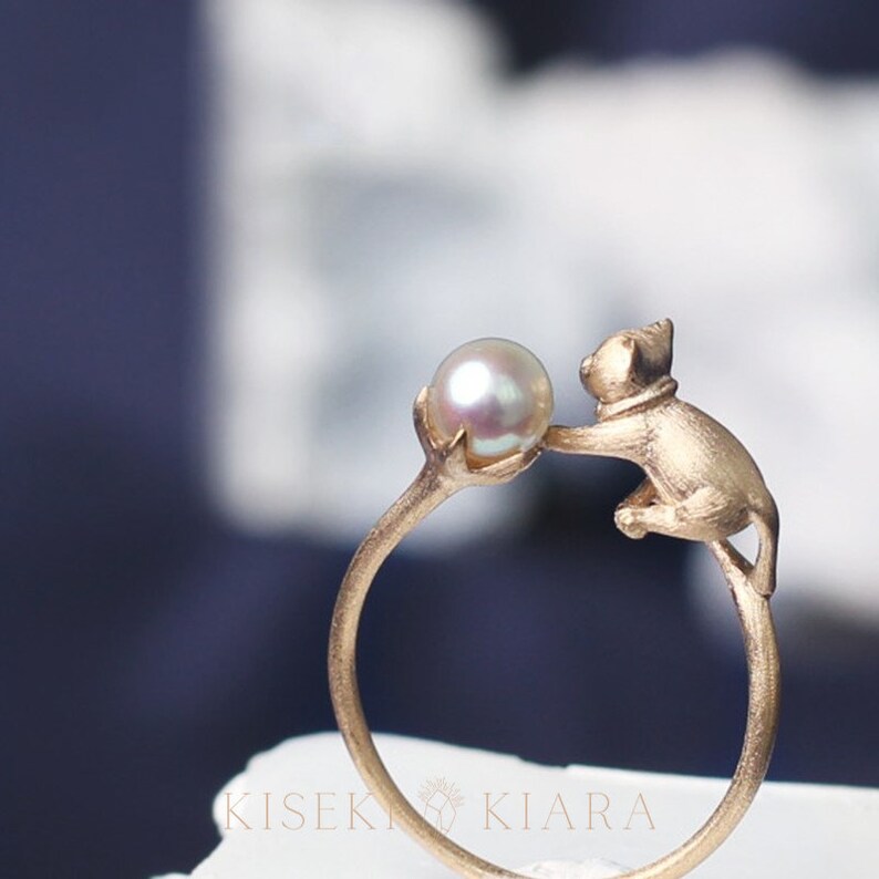 Cat Stuff For Cat Lovers: Naughty Cute 3D Cat Ring, Japanese Akoya Seawater Pearls, 18k Yellow Gold, Gifts For Cat Owners, Cute Promise Ring image 2