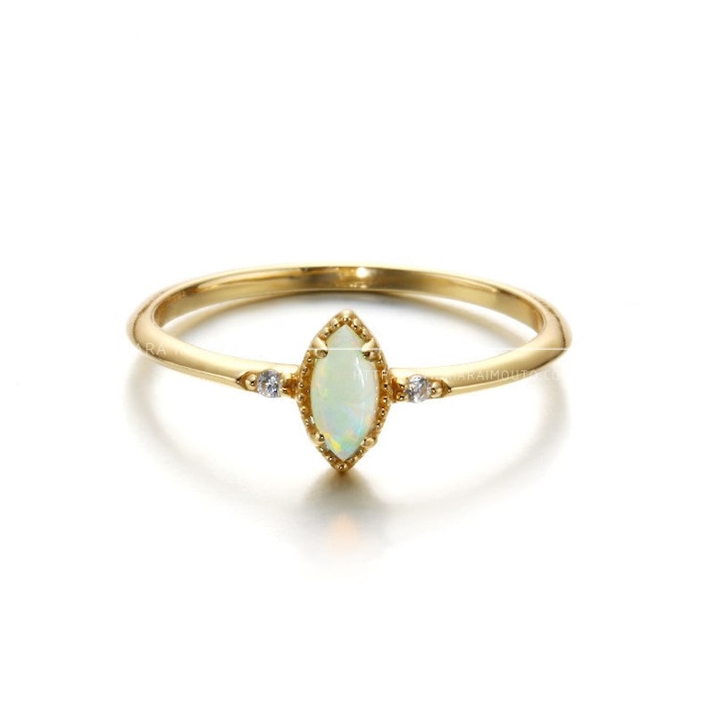 18K Real Gold Marquise Opal Engagement Rings, South Africa Opal Wedding Ring, White Gold Opal Ring, Opal And Diamond Ring, Opal Stone Ring image 8