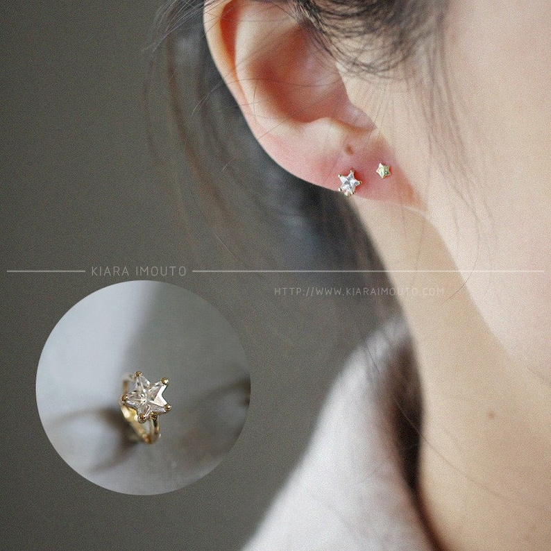 9 Karat Real Gold Mens Helix Earring, Star Earrings For Top Of Ear, Helix Piercing, Cartilage Hoop Earrings, Eyebrow Piercing Jewelry image 1