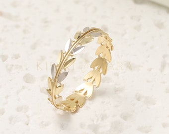 18K Solid Gold Olive Branch Motif Ring, Two Tone Gold Leaf Ring, Couple Leaf Jewelry Set, Matching Foliage Rings, Leaf Wedding Bands