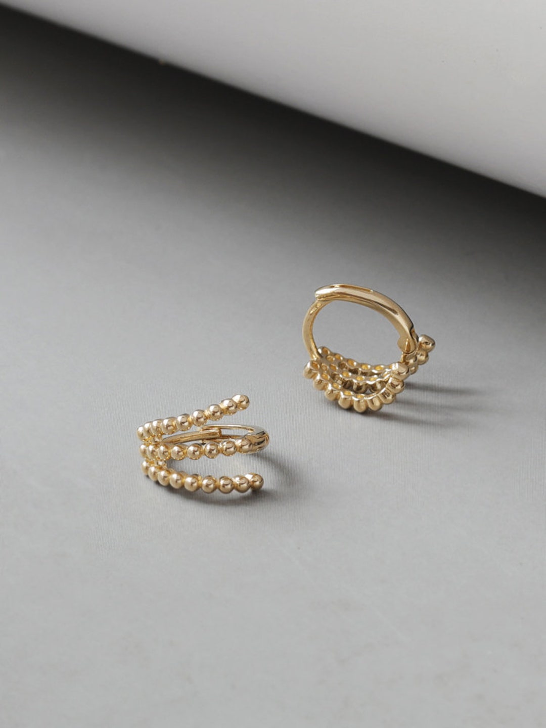 10k Solid Gold Triple Beaded Helix Hoop Earrings Handcrafted - Etsy
