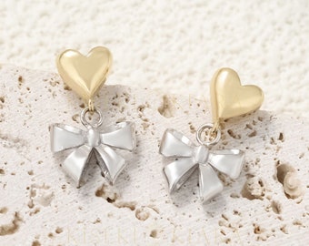 18K Two Tone Gold Heart Cute Bow Drop Earrings, Sweet Ribbon Stud Earrings, Dangle Earrings, Valentine's Day Earrings, Romantic Bow Drops