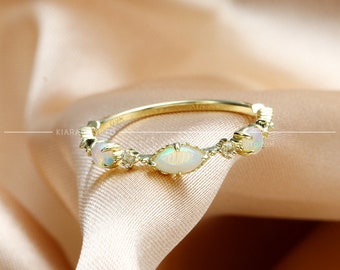 18 Karat Gold Marquise Opal Ring, Natural Opal Rings, Opal And Diamond Ring, Opal Wedding Band, Rose Gold Opal Ring, Opal Stone Wedding Ring