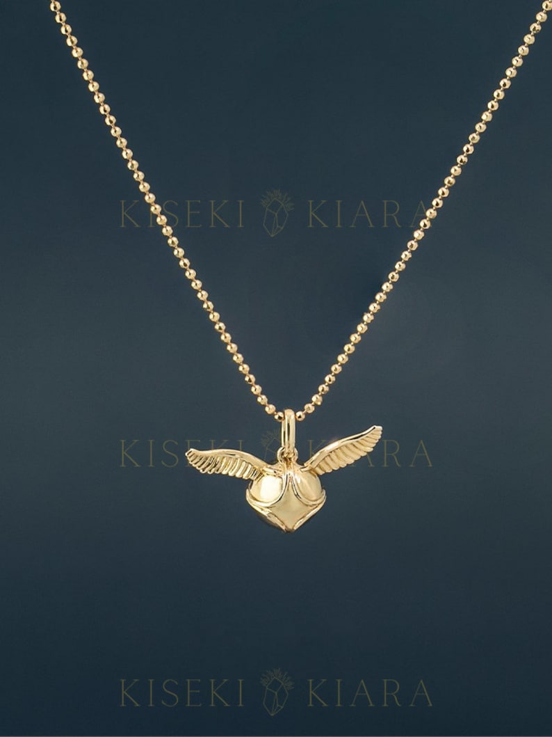 14k Golden Snitch Pendant, Gold Flying Thief, Golden Wings Snitch, Quidditch Charm Necklace, Magical Charm Jewelry, Fantasy Pendant Charm image 1