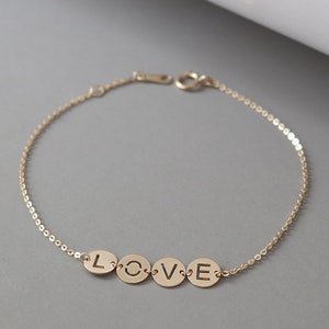 14k Solid Gold LOVE Disc Charm Bracelets, Love Themed Bracelets Stacking, Love Symbol Bracelets, Sentimental Jewelry, Romantic Gifts For Her image 5